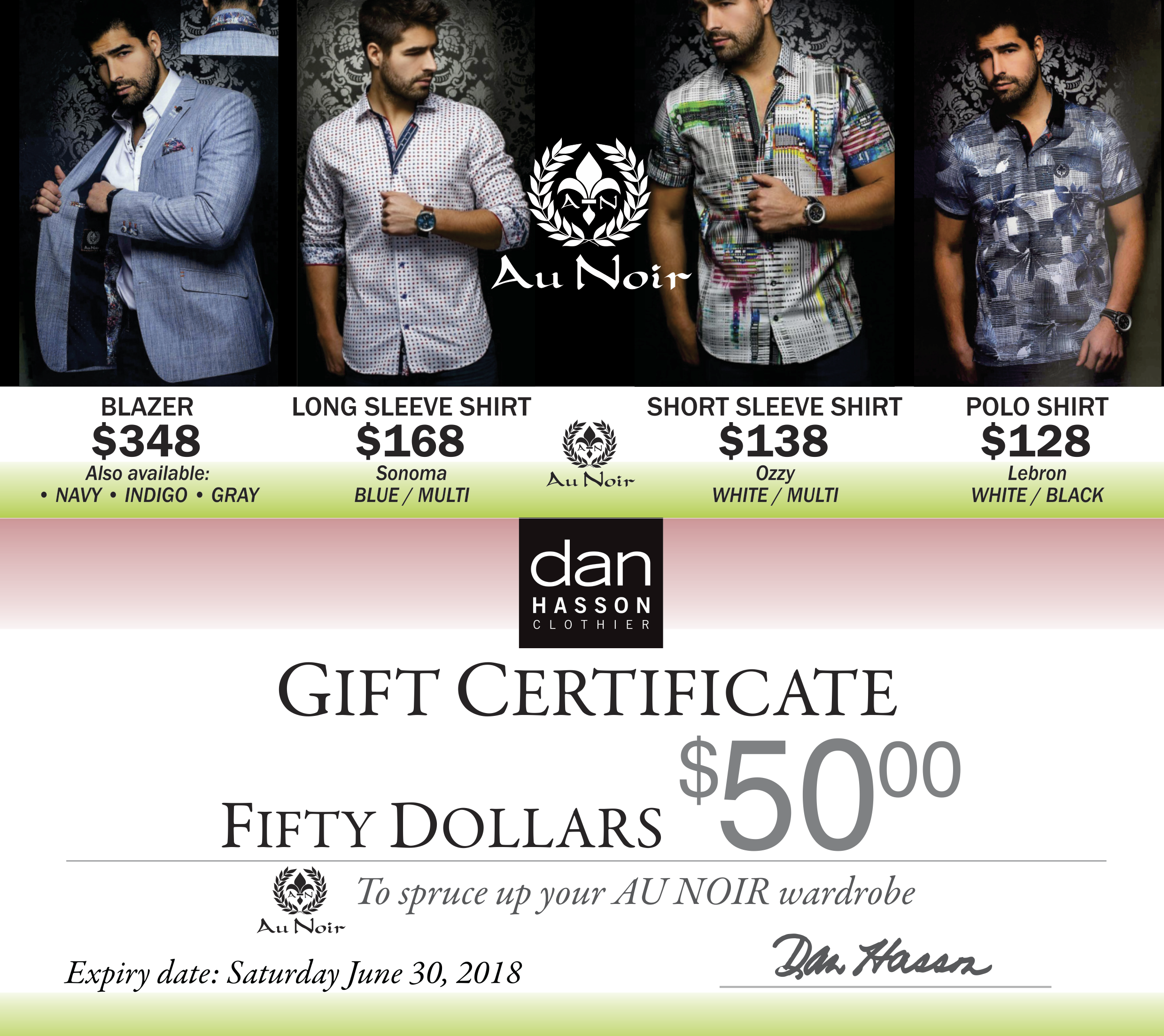 Dan Hasson AuNoir gift certificates May 2018