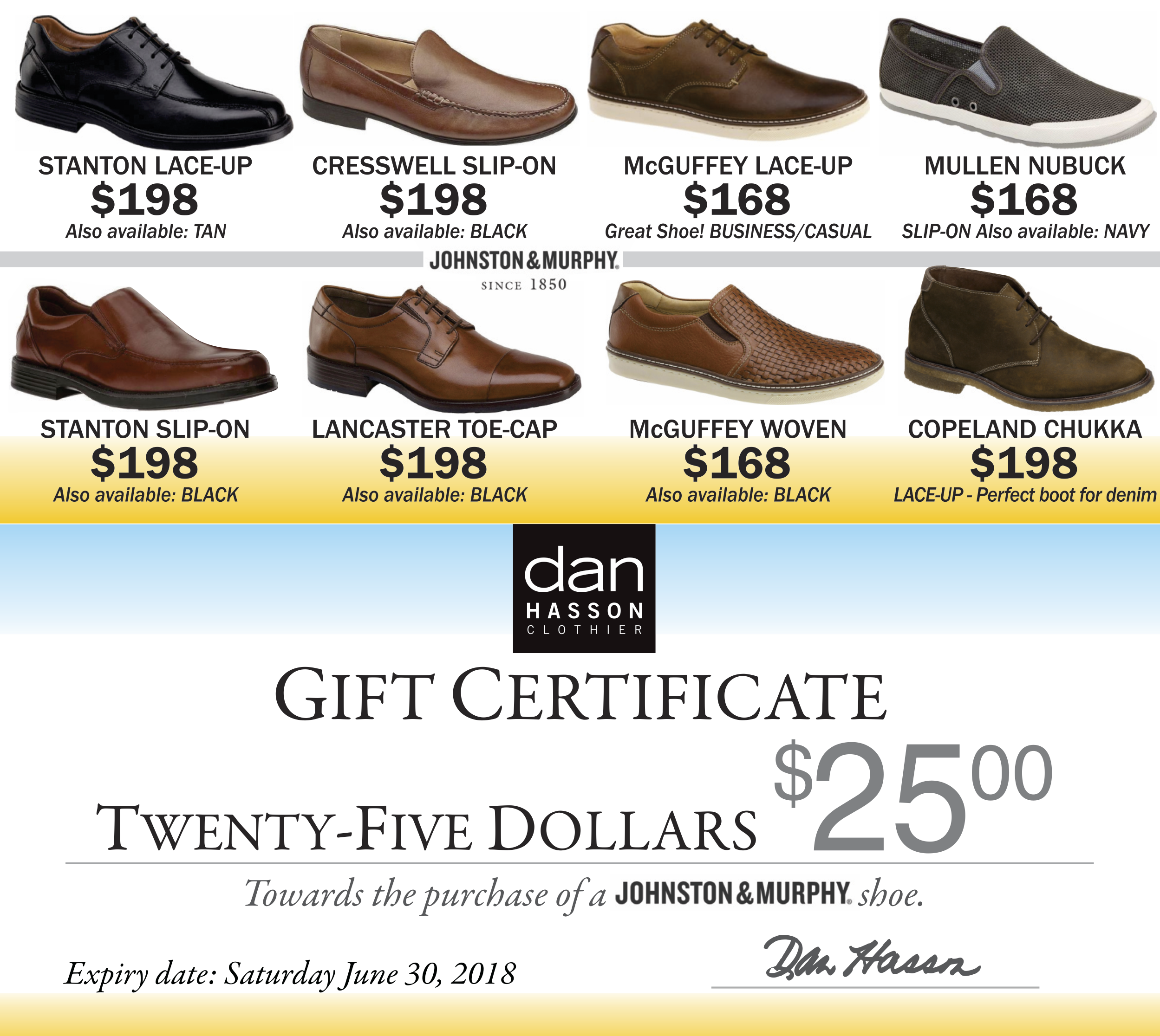 Dan Hasson shoes gift certificates May 2018